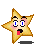 Pixelated star-shaped character with brown outline, blue eyes, black eyebrows, pink cheeks, and red tongue in two showing eye expression change