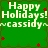 Green background with white text reading "Happy Holidays!" and "~cassidy~", red star-like shapes scattered across the image, pixelated style.