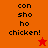 Pixelated text 'con sho ho chicken!' on orange and red backgrounds with a red star and yellow star icon.