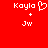 Red background with white pixelated text 'Kayla' and 'Jw' separated by a plus sign, with a heart symbol next to 'Kayla' on the left side.