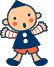 A contact sheet of 8 animated frames showing a cartoon boy character in various poses and expressions with striped sleeves, dark blue outfit, orange shorts, and black shoes on a gray background.