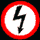 Five circular icons with red borders on a black background, each containing distinct black symbols or letters on white centers.