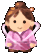 Pixelated character with brown hair in a bun, wearing pink robe and white collar, two distinct poses showing crossed arms versus hands clasped at chest.