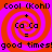 Four identical of a pixelated image with red and purple spiral backgrounds, displaying text elements including 'Cool (Kohl)', '+ Ca Ca =', and 'good times!good times!' in black