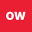 Red background with white pixelated letters O and W in the center.
