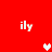 Red background with four white 'ily' text icons and two heart icons, one white and one pink, arranged in a pattern
