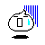 Pixelated white blob with rectangular eyes and blue tear, standing on black shadow against gray background; blue vertical lines shift leftward across frames.