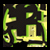 Pixelated green and yellow abstract shapes on black background with scattered light spots.