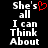 Black background with white pixelated text reading "She's all I can Think About" and a red heart symbol replacing the apostrophe in She's.