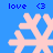 Blue background with four light pink snowflakes and blue text reading 'love <3' above each, arranged in a