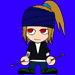 Pixelated character with red eyes, blue headwrap, and blonde ponytail holding drumsticks against solid blue background.