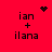 Red background with four identical text blocks reading 'ian + ilana' in black pixelated font, each with a distinct animated symbol above it.