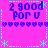 Pixelated icon with bright pink background, cyan border, and repeated blue text "2 good for u" surrounded by heart and star symbols.