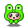 Four pixel-art frames of a green frog mascot character with large eyes and pink cheeks in various poses on a gray background.