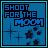 Blue pixelated background with text 'SHOOT FOR THE MOON' and star symbols, transitioning to repeated phrases about landing among stars with red or black star icons.