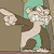 Pixelated cartoon character with brown and white fur, green accents, and a raised arm gesture against a muted background.