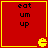Red square with yellow border containing black text 'eat um up' and a yellow Pac-Man icon at bottom-right corner.