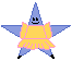 Blue star-shaped character with yellow dress and pink trim, smiling face, performing sequential arm movements against gray background.