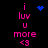 Pixelated pink text 'i luv u more <3' on black background with blue heart and starburst icons changing positions.