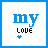 Blue 'my' text above black 'LOVE' text with a small blue heart below, all on white background within blue border.