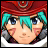 Pixelated anime-style character icon with red headwear and turquoise hair alongside stylized text on a black background.