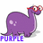 Purple dinosaur with red glasses and white spots stands in a of text , each displaying different words