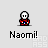 Pixel art character in red outfit with blue accents, multiple poses showing hand gestures and white bubble effects, labeled 'Naomi!' below each frame