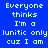 Pixelated text on a split blue background with cyan and light blue sections, displaying 'Everyone thinks I'm a lunitic only cuz I am' in white block letters.