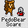 A 6-frame animated contact sheet showing a pixelated brown bear mascot and small red-and-white character in various poses, with "PedoBear Scare" text below each frame on a gray background.