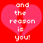 Red background with two pink hearts and white pixelated text reading 'and the reason is you!' on each heart.