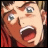Pixelated anime-style close-up of a character with wide eyes and an open mouth against a black background with text.