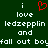 Green background with white pixelated text reading 'i love ledzeppelin and fall out boy' and a red heart symbol above the 'i' on the left side.
