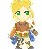 Pixel art character with blonde hair, green eyes, brown top, green shorts, blue cape, and orange arm bands in six sequential poses.