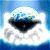 Pixelated icon shows a dark triangular shape with blue and green details above it, surrounded by white cloud-like forms against a light blue background.