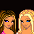 Pixel art featuring two female figures with blonde hair and blue eyes, alongside pink clothing items on a black background.