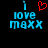 Pixelated text 'i love maxxx' in cyan with a red heart symbol above the word 'love', displayed on black background.