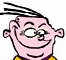 Pixelated cartoon character with pink skin, black spiky hair, round glasses, and a wide smile wearing yellow shirt over purple collar.