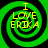 Four identical green spiral patterns with black outlines and yellow text reading "I LOVE ERIKA" arranged in a on a black background