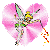 Animated contact sheet of three frames showing a cartoon fairy character in motion against pink heart-shaped backgrounds with pixelated transparency effects.