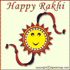 Animated 'Happy Rakhi' greeting with smiling sun-like icon and red-and-black bracelet on cream background.