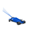 Blue hydraulic floor jack with black wheels and silver components, shown in multiple sequential poses against a white background.