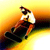 Pixelated static image of a skateboarder performing a trick against a gradient background with yellow, orange, and dark tones.