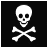 White skull and crossbones symbol on solid black background, rendered in low-resolution pixel art style.