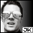 Two side-by-side black-and-white animated frames of a person's face with sunglasses and a