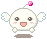 Pixelated white angel icon with pink cheeks, black eyes, and a smiling mouth; small wings extend from sides, pink gem floats above head.