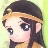 Pixelated anime-style character with dark hair, large blue eyes, and a golden headband against a light green background.