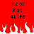 Red background with black text 'Kool Kat 4LIFE' and white pixelated flames at the bottom. The image is animated, showing flame movement.