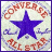 A pixelated square icon with a central blue star surrounded by red text on a light background, bordered by dark purple.