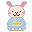 Pixel art contact sheet showing two frames of a bunny mascot in traditional Japanese attire with pink ears and cheeks, blue robe, yellow-green belt, and visible facial features including black eyes and mouth.