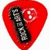 Red heart-shaped icon with a black and white remote control and a white heart symbol; black guitar pick-shaped icon with a red and gray cassette tape; black guitar pick-shaped icon with red text and a red guitar.